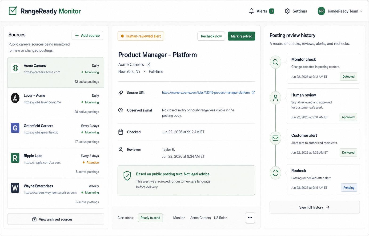 RangeReady Monitor product preview with source monitoring, reviewed alert, and posting review history